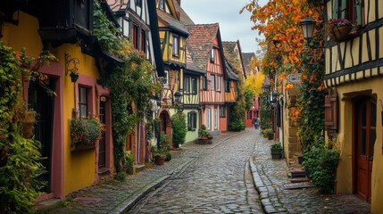 Fototapeta premium Autumnal Charm of a Picturesque European Village Street