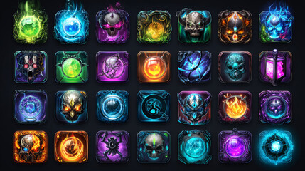 RPG game icon. Fantasy game icons of magic spells and skills. Game interface elements. Vector illustration EPS10. Skill icons