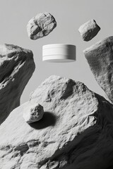 Naklejka premium Minimalist product presentation: a white container floats amidst rough rocks, neutral tones, simple, striking.