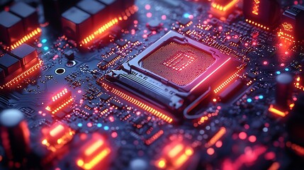 Futuristic digital motherboard with glowing circuits, cybernetic connections, blue and neon-lit high-tech details, ultra-sharp focus