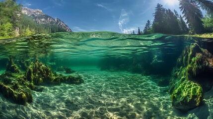 Serene underwater landscape a clear lagoon, captured with breathtaking clarity in stunning photography.
