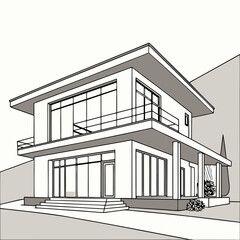 Vector architectural sketch of a modern, exclusive house design for architectural visualization