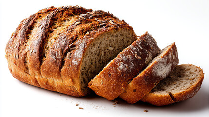 Isometric view of a whole rye bread loaf isolated on a white background.