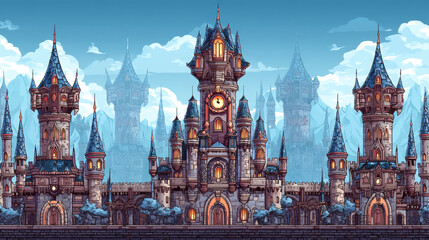 Obraz premium Cartoon landscape inside knight castle, vector unending background with separated layers for game.