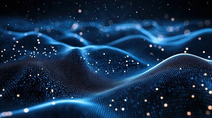 A 3D abstract dark blue background with a dot pattern and dimensional flow, symbolizing technology, data networks, and futuristic innovation for digital and tech-themed visuals. 