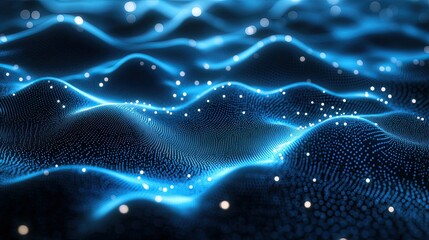 A 3D abstract dark blue background with a dot pattern and dimensional flow, symbolizing technology, data networks, and futuristic innovation for digital and tech-themed visuals.
