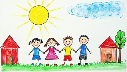 Children joyfully holding hands in a colorful sunlit cartoon landscape