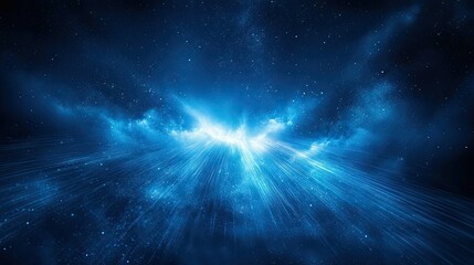A blue light beam rises from a dark background, with light streaks radiating outwards, symbolizing energy. --ar 16:9 --style raw --stylize 250 --v 6.1 Job ID: e4465d88-7c09-4712-a92f-72ef5e43e42c