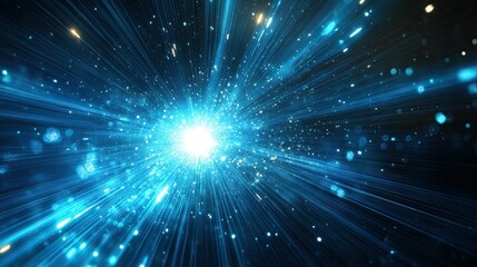 A blue light beam rises from a dark background, with light streaks radiating outwards, symbolizing energy. --ar 16:9 --style raw --stylize 250 --v 6.1 Job ID: e4465d88-7c09-4712-a92f-72ef5e43e42c