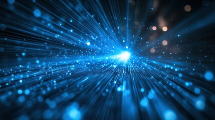 A blue light beam rises from a dark background, with light streaks radiating outwards, symbolizing energy. --ar 16:9 --style raw --stylize 250 --v 6.1 Job ID: e4465d88-7c09-4712-a92f-72ef5e43e42c