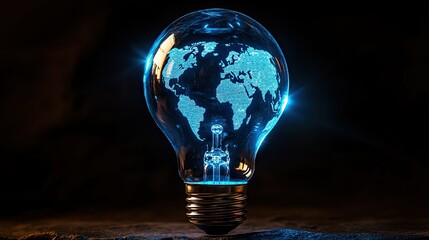 A blue lightbulb with a world map inside glows brightly against a stark black backdrop. --ar 16:9 --style raw --stylize 250 --v 6.1 Job ID: 073dd6ae-4074-4851-bc6a-35c22c3d99be