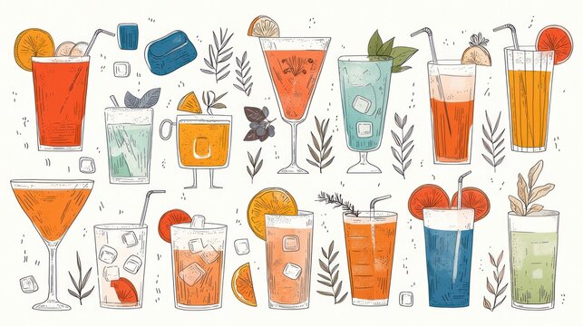 Variety of colorful cocktails, refreshing drinks