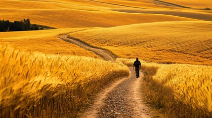 Obraz premium Golden fields meet the horizon as a lone figure traverses a winding path through the ripe crop.