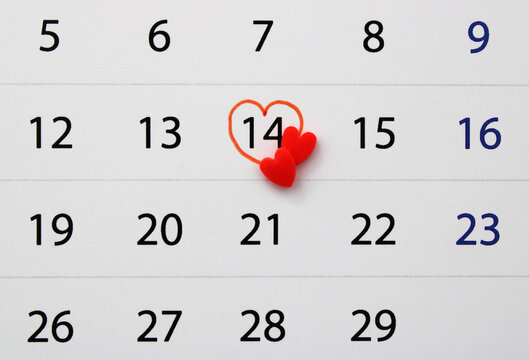 Couple hearts marking Valentine's Day on a calendar