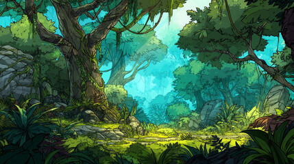 Fototapeta premium Seamless cartoon jungle landscape, vector unending background with separated layers for game.