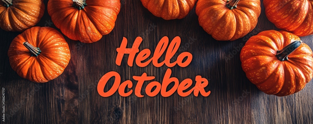 Aufkleber hello october greeting card with pumpkins on rustic wood