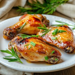 Delicious glazed chicken wings served on a white plate with green onions and fresh herbs during a festive gathering