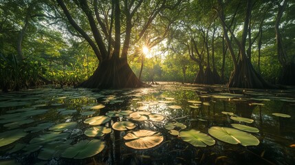 Naklejka premium Explore the serene beauty of a swamp landscape with lily pads and sunlight streaming through trees today