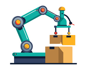  Vector illustration of a robotic arm used in manufacturing, in action grabbing a box, isolated on white background.
