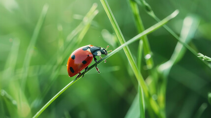 Macro photo of Ladybug in the green gras