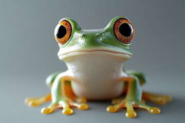 Close-up of a bright green tree frog with large, orange eyes, looking directly at the viewer.