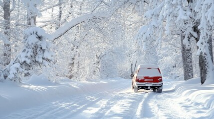 Winter Wonderland Drive: A Red SUV Navigates a Snowy Forest Path
