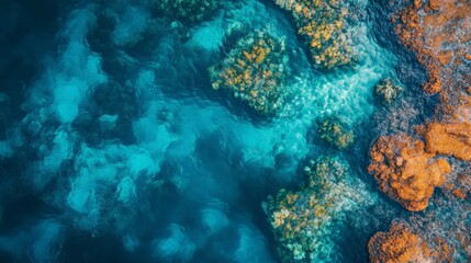 Naklejka premium Vibrant aerial view of colorful coral reefs beneath turquoise ocean waves