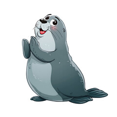 A whimsical cartoon depiction of a gray seal with an endearing expression, its flippers held together in a gesture reminiscent of prayer.