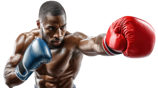 boxer with boxing gloves throwing a punch, isolated, transparent, png, background, cutout