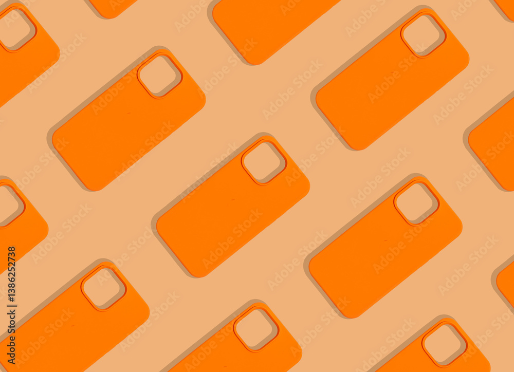 Poster a modern, orange phone case, repeating abstract pattern, offering sleek protection for a smartphone.