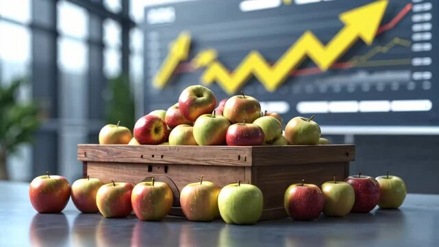different apples in a box, charts and arrows, price increase concept

