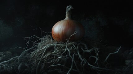 Single onion on roots, dark moody still life