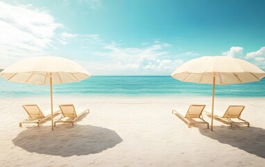Relaxing Beach Scene with Umbrellas and Lounge Chairs
