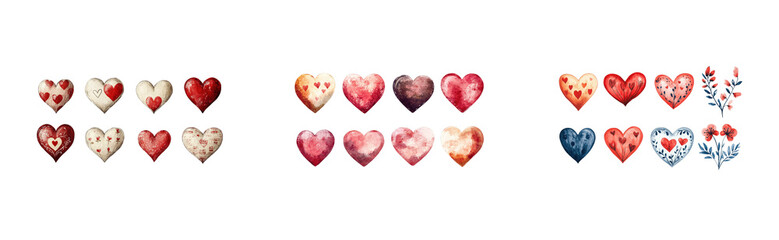 Fototapeta premium Colorful watercolor hearts and flowers pattern. Set png cut out