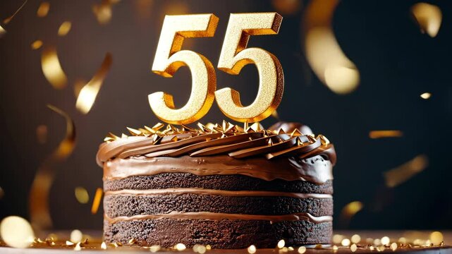 A decadent chocolate cake celebrates a 55th birthday with golden confetti.