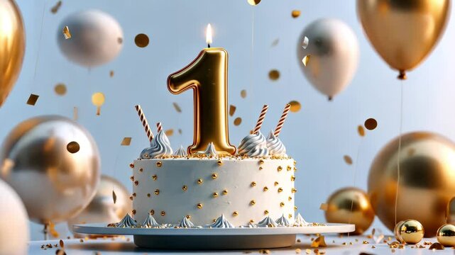 First birthday celebration with a gold and white cake and balloons.