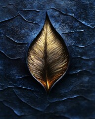 Gold foil luxury logo on textured deep blue background, embossed detailing, elegant shadows, sophisticated high-end branding