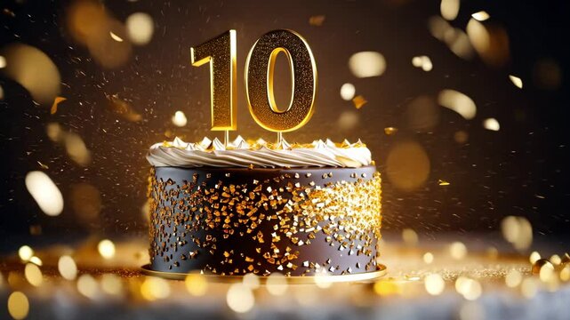 A decadent chocolate cake celebrates a tenth anniversary with golden confetti.