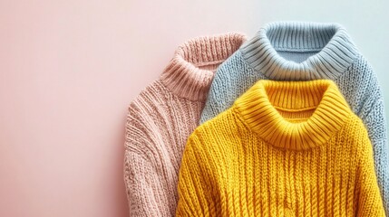 Three colorful knitted wool sweaters lying on pink and blue background