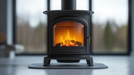 Freestanding cast iron wood stove with visible flames in modern interior