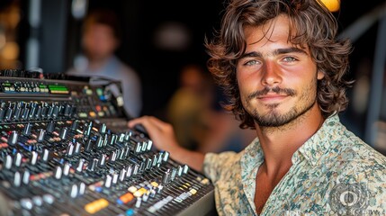 Young man operating sound board