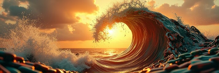 Majestic ocean wave at sunset with golden light and dramatic sky