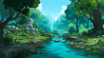 Fototapeta premium Seamless cartoon nature landscape, vector unending background with separated layers for game.