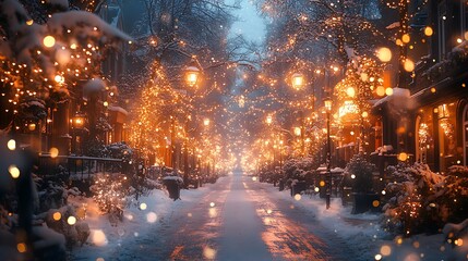 Obraz premium Snowy lights evening path photo