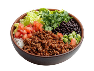 Savory beef bowl with fresh vegetables and rice for healthy meal, cut out