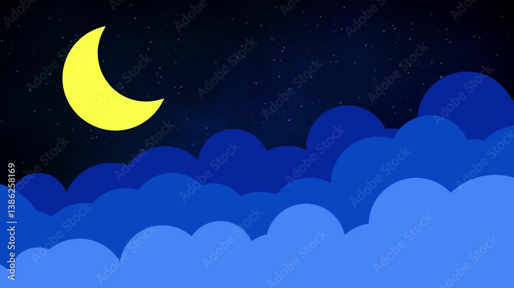 Wall mural crescent moon with cloud layers 4k loop features a starry sky with a 2d yellow crescent moon and mov