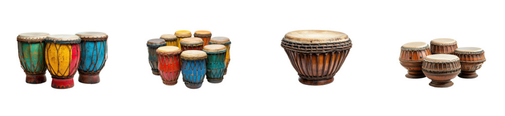 Colorful african drums collection: djembe and bongos. Set png cut out