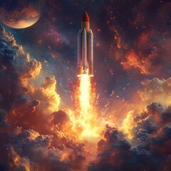 Obraz premium Fiery Ascent: A Rocket's Journey Through Cosmic Clouds