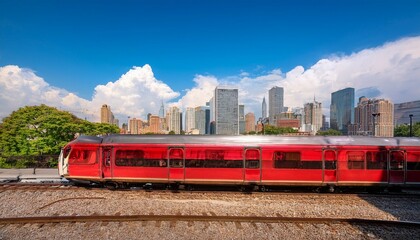 Obraz premium red train car against a vibrant city skyline urban transportation and cityscape view