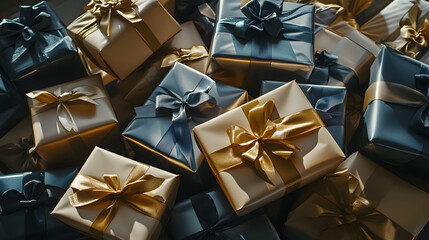 A pile of carefully wrapped gifts in various sizes, stacked together with matching ribbons for a polished and elegant presentation.